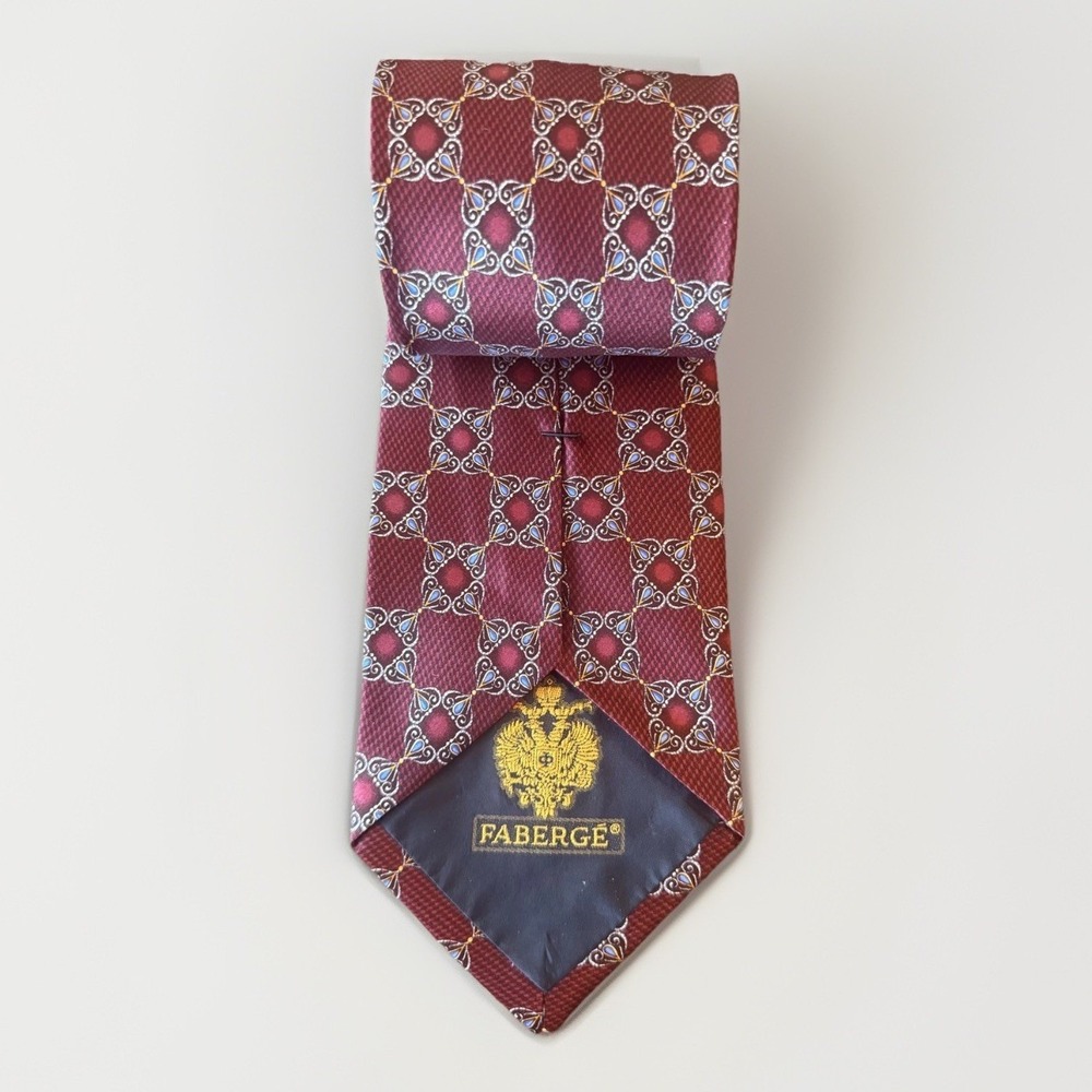 Faberge Tie Mens Red Blue 100% Silk Geometric Checkered Handmade Made In USA 117